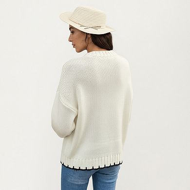 Women's Textured Patchwork Cable Knit Sweater with Long Sleeves and Contrast Stitching