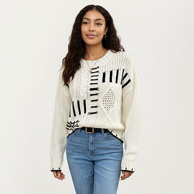 Women's Textured Patchwork Cable Knit Sweater with Long Sleeves and Contrast Stitching