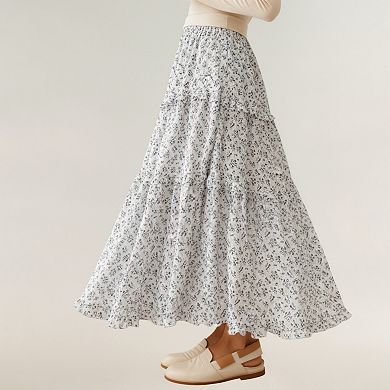 Women's Tiered Floral Maxi Skirt with Elastic Waist and Flowy A-Line Silhouette