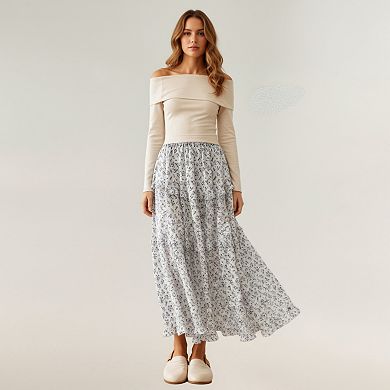 Women's Tiered Floral Maxi Skirt with Elastic Waist and Flowy A-Line Silhouette