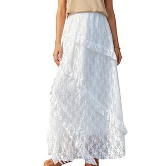 Women's High Waist Lace Maxi Skirt with Layered Ruffle Detail and Flowy A-Line Silhouette