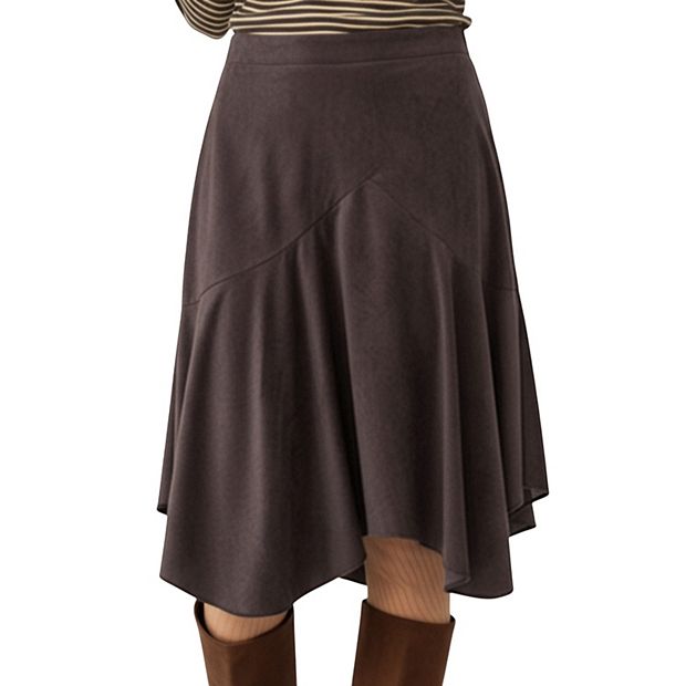 Women's Asymmetrical Midi Skirt with Flowy Hem and Soft Suede-Like
