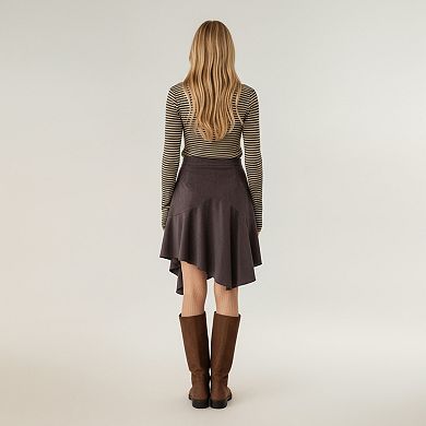 Women's Asymmetrical Midi Skirt with Flowy Hem and Soft Suede-Like Fabric