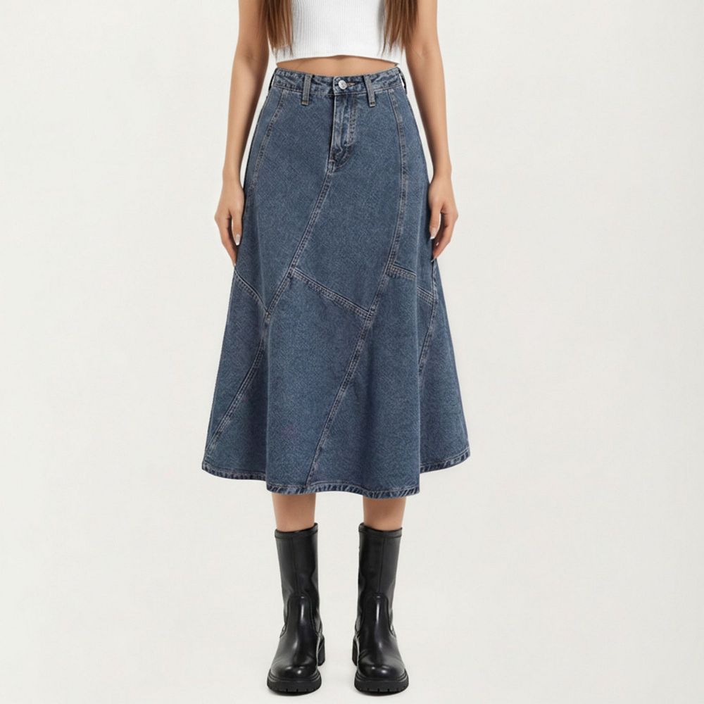 Women's High Waist Denim Midi Skirt with Patchwork Seam Detailing
