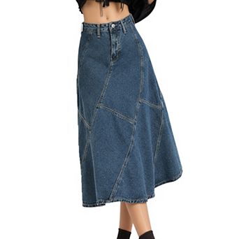 Women's High Waist Denim Midi Skirt with Patchwork Seam Detailing and Flared Silhouette