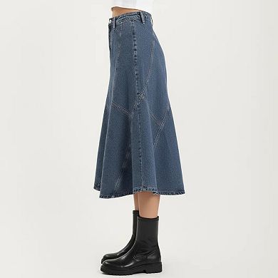Women's High Waist Denim Midi Skirt with Patchwork Seam Detailing and Flared Silhouette