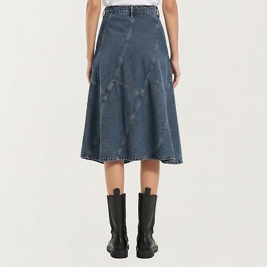 Women's High Waist Denim Midi Skirt with Patchwork Seam Detailing and Flared Silhouette