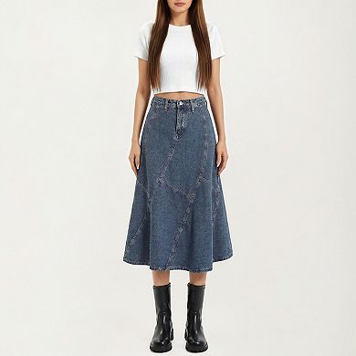 Women's High Waist Denim Midi Skirt with Patchwork Seam Detailing and Flared Silhouette