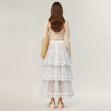 Women's Tiered Lace Maxi Skirt with Sheer Floral Embroidery and Ruffled Hem Layers