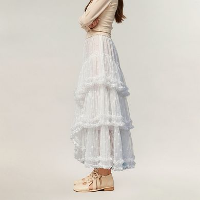 Women's Tiered Lace Maxi Skirt with Sheer Floral Embroidery and Ruffled Hem Layers