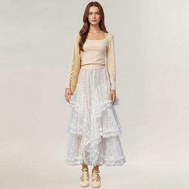 Women's Tiered Lace Maxi Skirt with Sheer Floral Embroidery and Ruffled Hem Layers