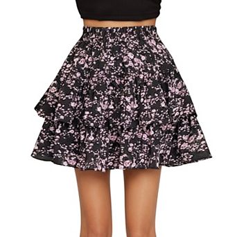 Women's Floral Print Tiered Mini Skirt with Elastic Waist and Ruffled Layers