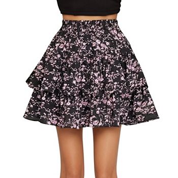 Women's Floral Print Tiered Mini Skirt with Elastic Waist and