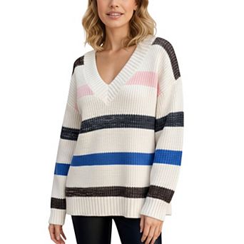 Women's V-Neck Long Sleeve Ribbed Knit Sweater with Bold Multi-Color Horizontal Stripes