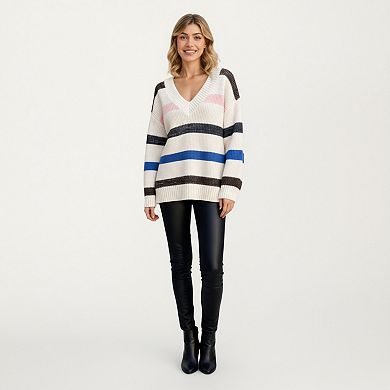 Women's V-Neck Long Sleeve Ribbed Knit Sweater with Bold Multi-Color Horizontal Stripes