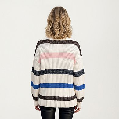 Women's V-Neck Long Sleeve Ribbed Knit Sweater with Bold Multi-Color Horizontal Stripes