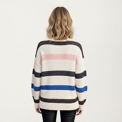 Women's V-Neck Long Sleeve Ribbed Knit Sweater with Bold Multi