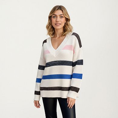 Women's V-Neck Long Sleeve Ribbed Knit Sweater with Bold Multi-Color Horizontal Stripes