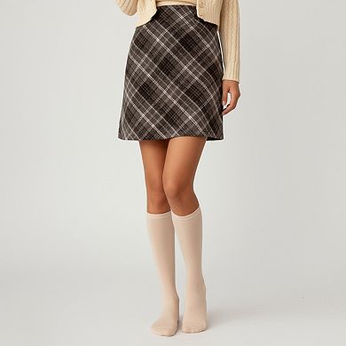 Women's Plaid A-Line Mini Skirt with Classic Check Pattern and Wool-Like Texture