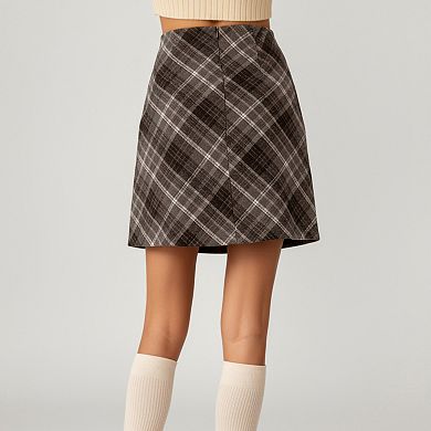 Women's Plaid A-Line Mini Skirt with Classic Check Pattern and Wool-Like Texture
