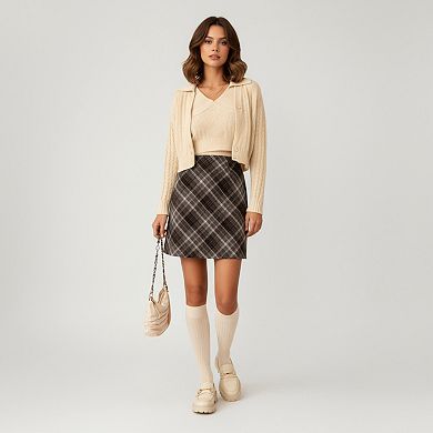 Women's Plaid A-Line Mini Skirt with Classic Check Pattern and Wool-Like Texture