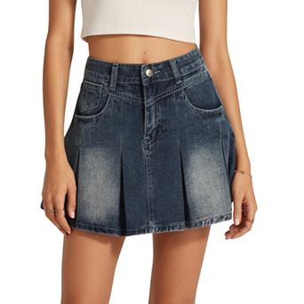 Women's Pleated Denim Mini Skirt with Faded Wash and Front Pocket Details