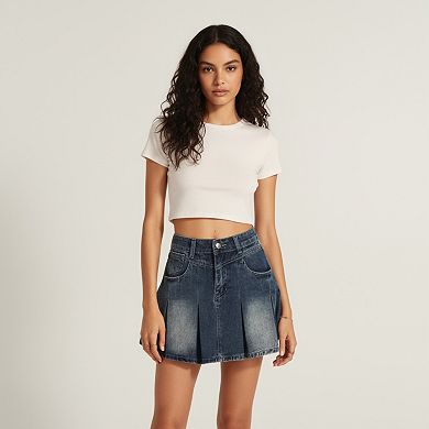 Women's Pleated Denim Mini Skirt with Faded Wash and Front Pocket Details