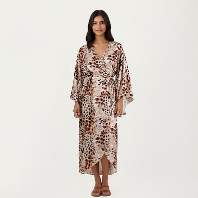 Anna-Kaci Women's 2-Piece Satin Slip Dress and Kimono Robe Set with Flowing Draped Silhouette, Large 12-14 / Khaki