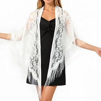 Women's Sheer Lace Kimono Shawl with Floral Embroidery and Fringe Hem