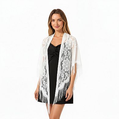 Women's Sheer Lace Kimono Shawl with Floral Embroidery and Fringe Hem