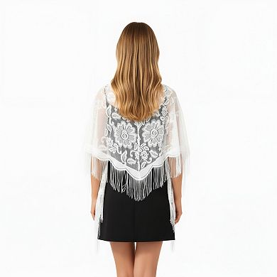 Women's Sheer Lace Kimono Shawl with Floral Embroidery and Fringe Hem