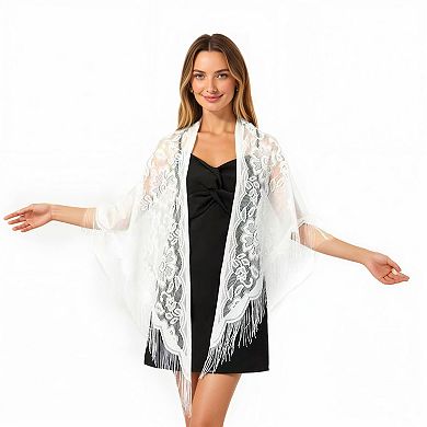 Women's Sheer Lace Kimono Shawl with Floral Embroidery and Fringe Hem