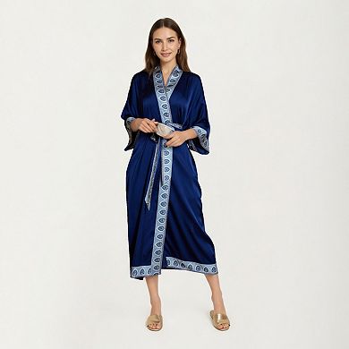 Women's Long Satin Kimono Robe with Embroidered Trim and Wide Sleeves
