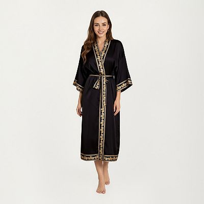 Women's Long Satin Kimono Robe with Embroidered Trim and Wide Sleeves