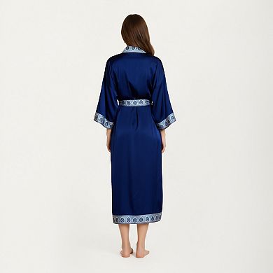 Women's Long Satin Kimono Robe with Embroidered Trim and Wide Sleeves