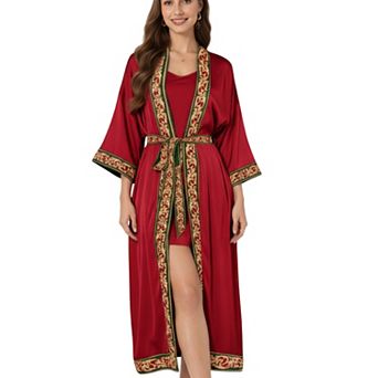 Women's Long Satin Kimono Robe with Embroidered Trim and Wide Sleeves