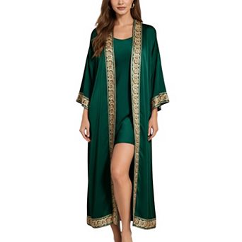 Women's Long Satin Kimono Robe with Embroidered Trim and Wide Sleeves