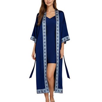 Women's Long Satin Kimono Robe with Embroidered Trim and Wide Sleeves