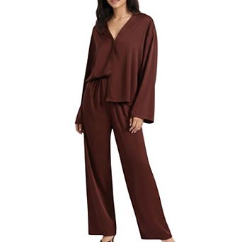 Women's 2 pc Satin Pajama Set with Button-Down Long Sleeve Top and Relaxed Wide-Leg Pants