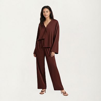 Women's 2-Piece Satin Pajama Set with Button-Down Long Sleeve Top and Relaxed Wide-Leg Pants
