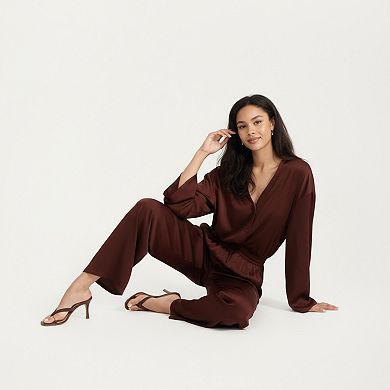 Women's 2-Piece Satin Pajama Set with Button-Down Long Sleeve Top and Relaxed Wide-Leg Pants