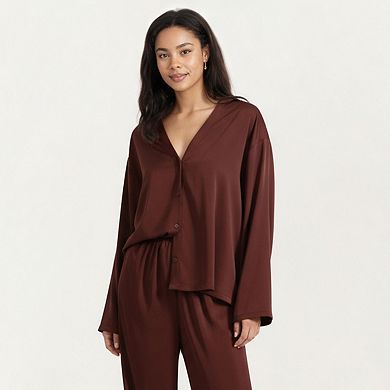 Women's 2-Piece Satin Pajama Set with Button-Down Long Sleeve Top and Relaxed Wide-Leg Pants