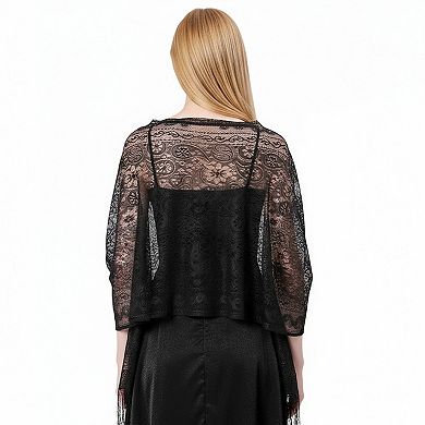 Women's Sheer Lace Kimono Shrug with Floral Pattern and Elbow-Length Sleeves