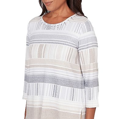 Petite Alfred Dunner Geometric Stripe Embellished Crewneck Top
