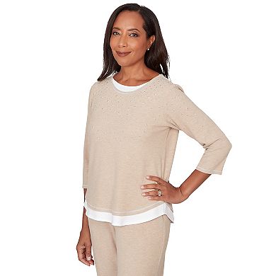 Petite Alfred Dunner Embellished Layered Hem Crewneck Top