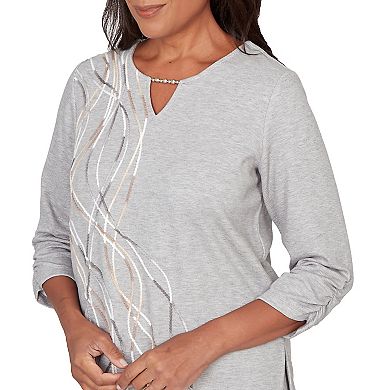 Petite Alfred Dunner Metallic Swirl Embroidered Split Neck Top