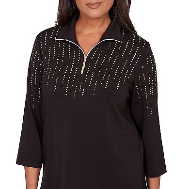 Petite Alfred Dunner Heat Set Embellished Zip Mockneck Top