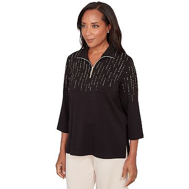 Petite Alfred Dunner Heat Set Embellished Zip Mockneck Top