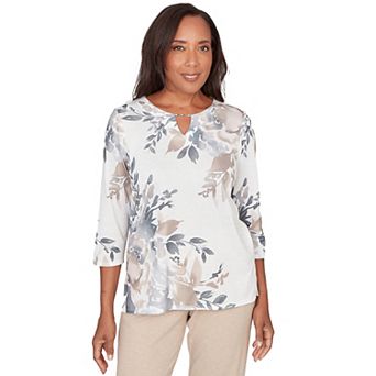 Petite Alfred Dunner Asymmetrical Floral Border Crewneck Top