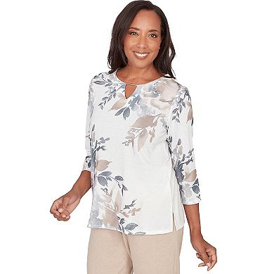 Petite Alfred Dunner Asymmetrical Floral Border Crewneck Top